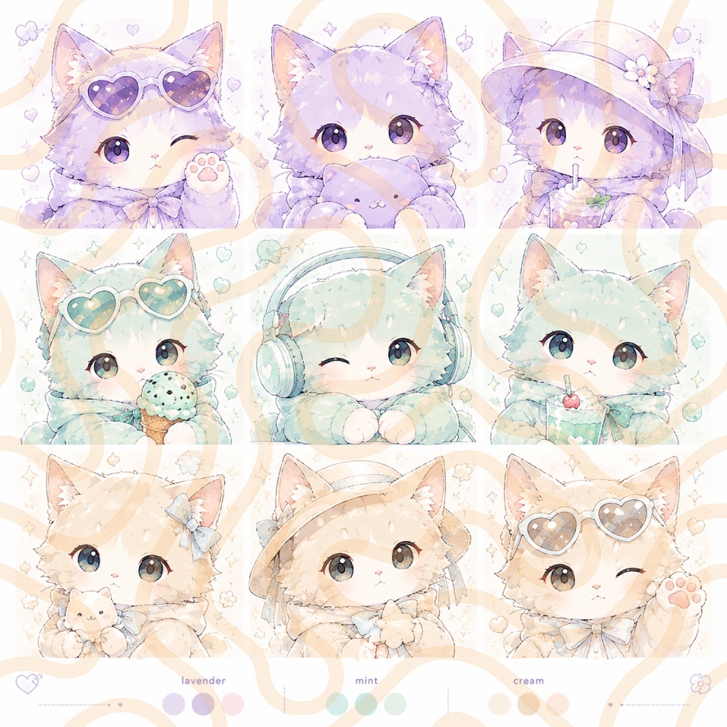 【新作】9種類の🐈猫イラストアイコン&壁紙セット(夏)Big