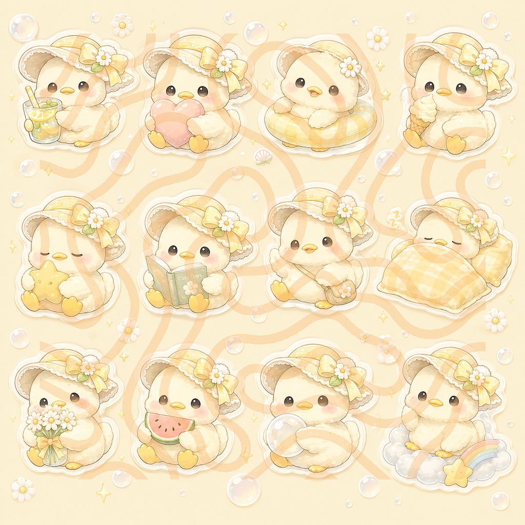 【新作】シール風あひる🐤12種類アイコン&壁紙イラストセット(夏)