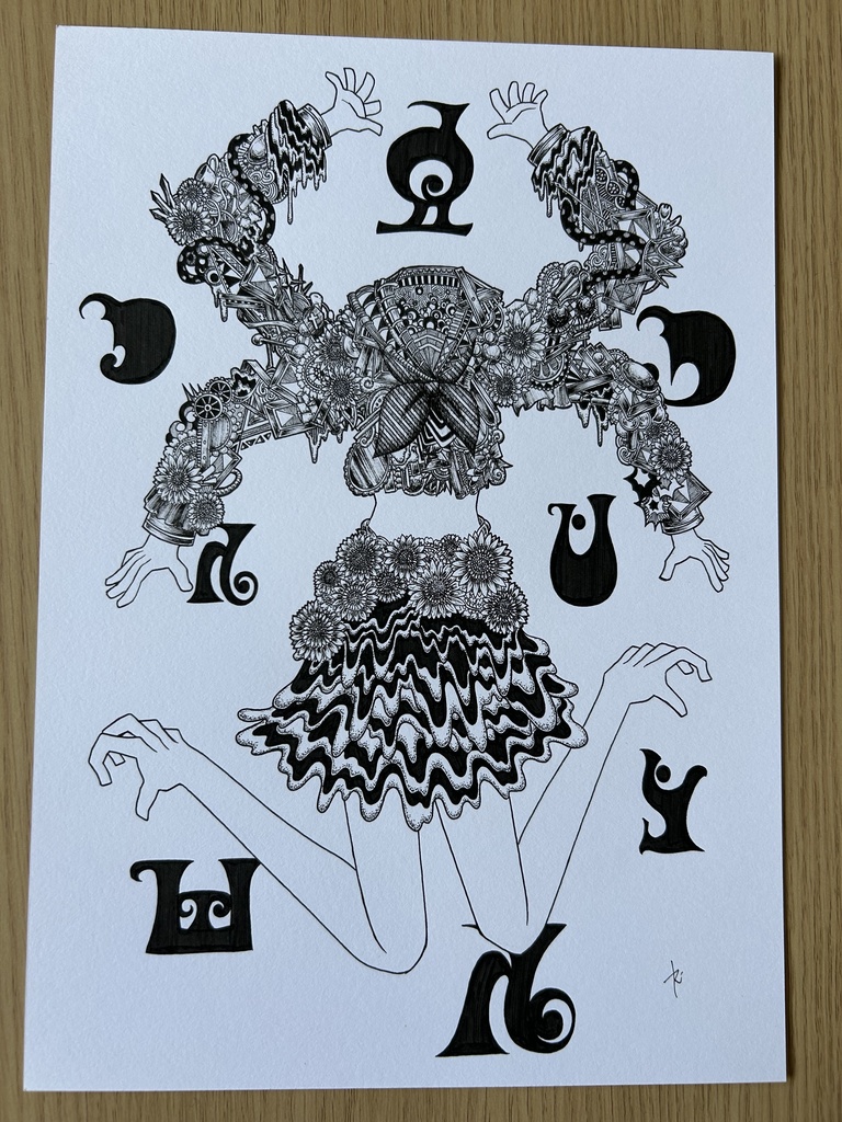 同人手書きアナログイラスト まどマギ 委員長の魔女 ゼンタングルアート コラージュアート A4原画