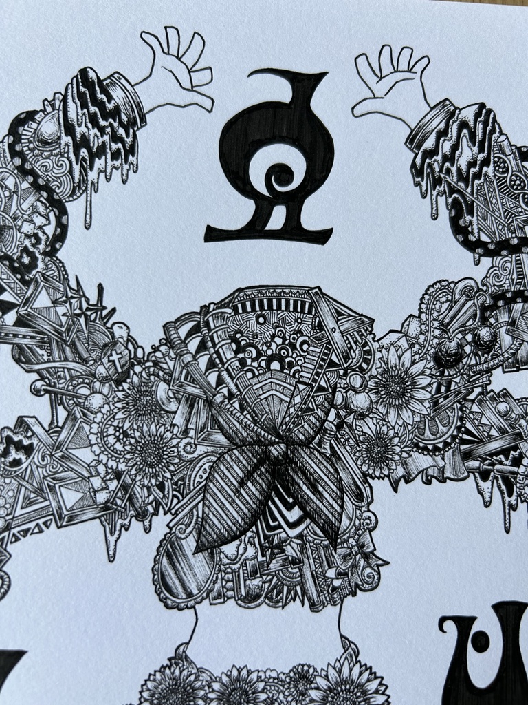 同人手書きアナログイラスト まどマギ 委員長の魔女 ゼンタングルアート コラージュアート A4原画