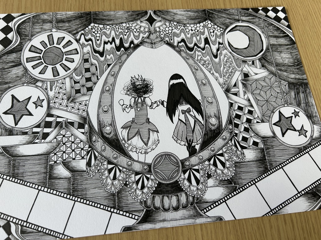 同人手書きアナログイラスト まどマギ 君の銀の庭 ゼンタングルアート A4原画