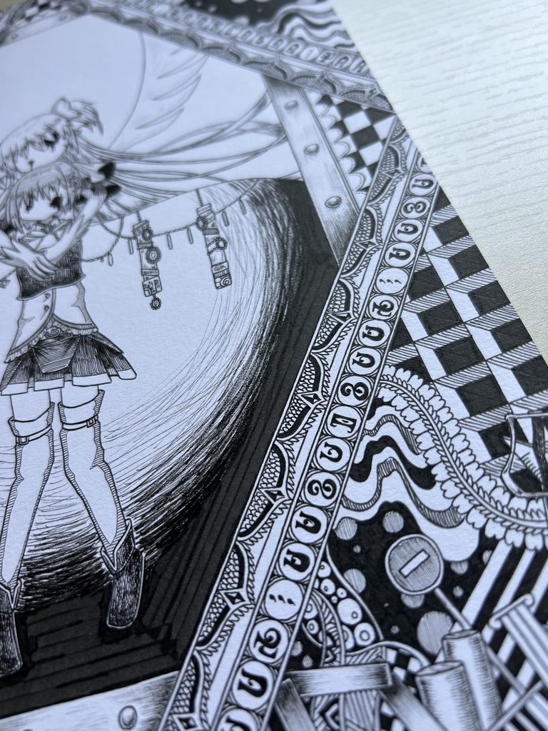 同人手書きアナログイラスト まどマギ アルティメットまどか 美樹さやか ゼンタングルアート A4原画