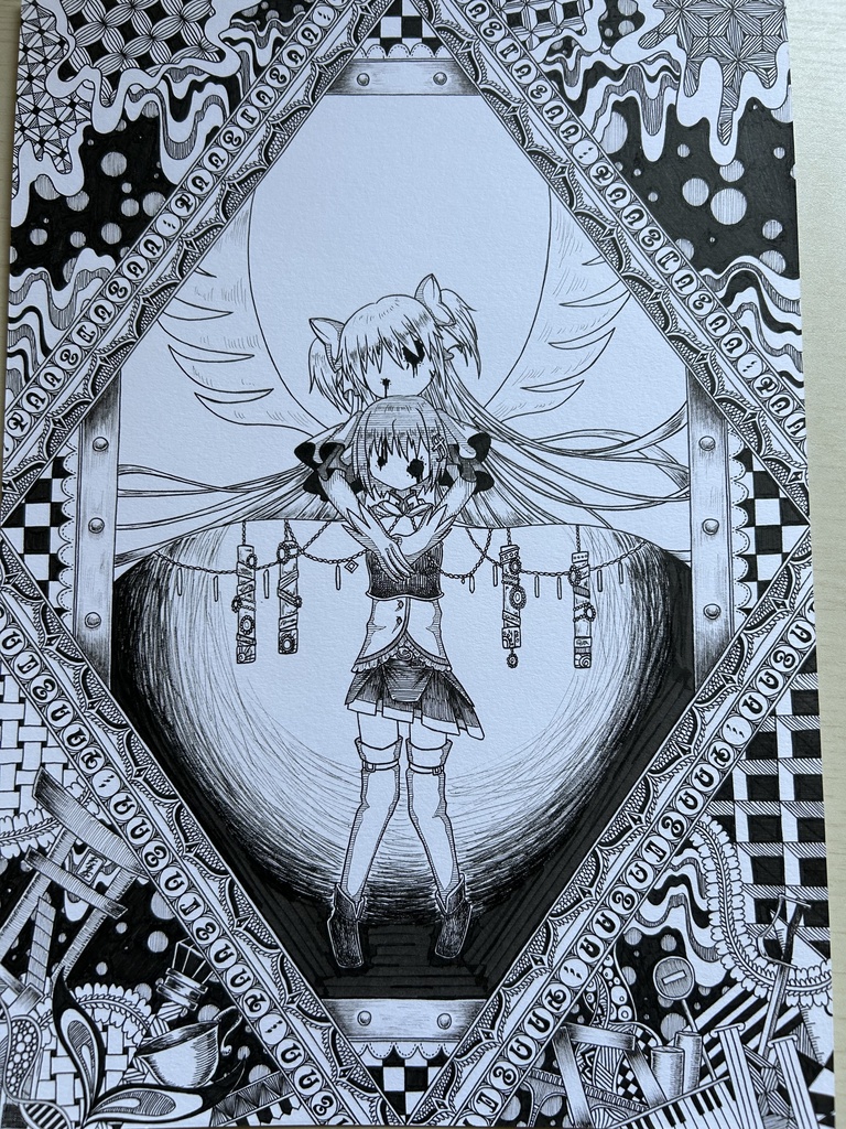 同人手書きアナログイラスト まどマギ アルティメットまどか 美樹さやか ゼンタングルアート A4原画