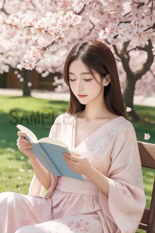 お花見　着物　美女 公園　桜吹雪　読書