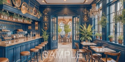 青の優雅な空間カフェ：こんな場所で静かにコーヒーを味わいたいの。