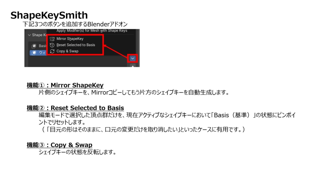 【Blenderアドオン】ShapeKeySmith(シェイプキーの「ミラーコピー機能」、「選択頂点のリセット機能」、「状態の反転機能」)