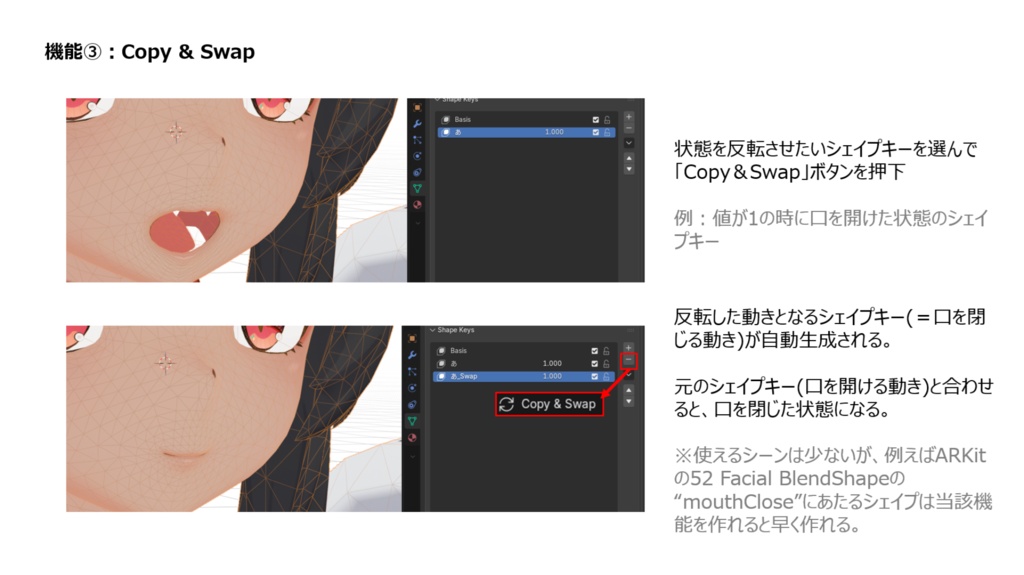 【Blenderアドオン】ShapeKeySmith(シェイプキーの「ミラーコピー機能」、「選択頂点のリセット機能」、「状態の反転機能」)