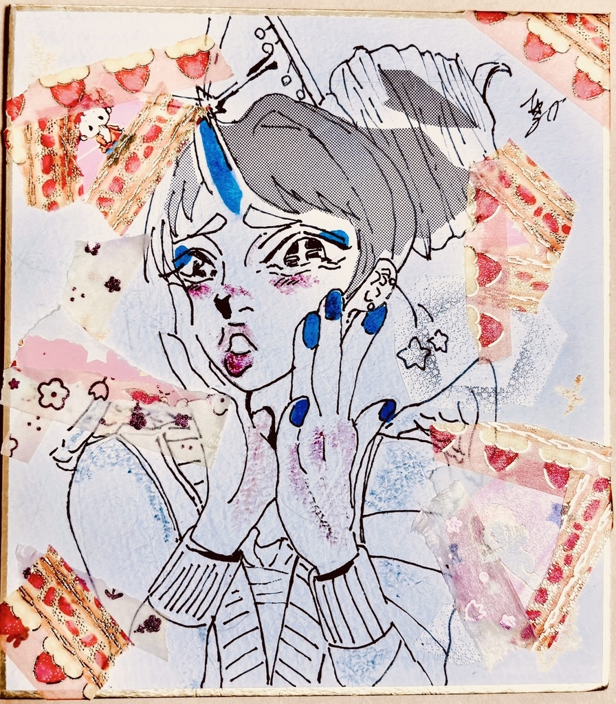 可愛いレトロポップなキラキラした漫画っぽいタッチの【原画色紙イラスト】