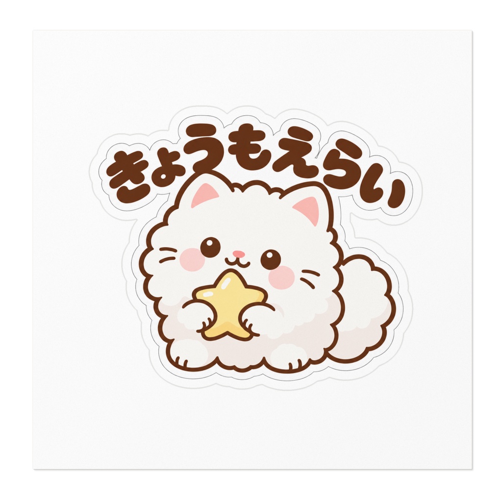 きょうもえらい|ふわふわ白ねこステッカー
