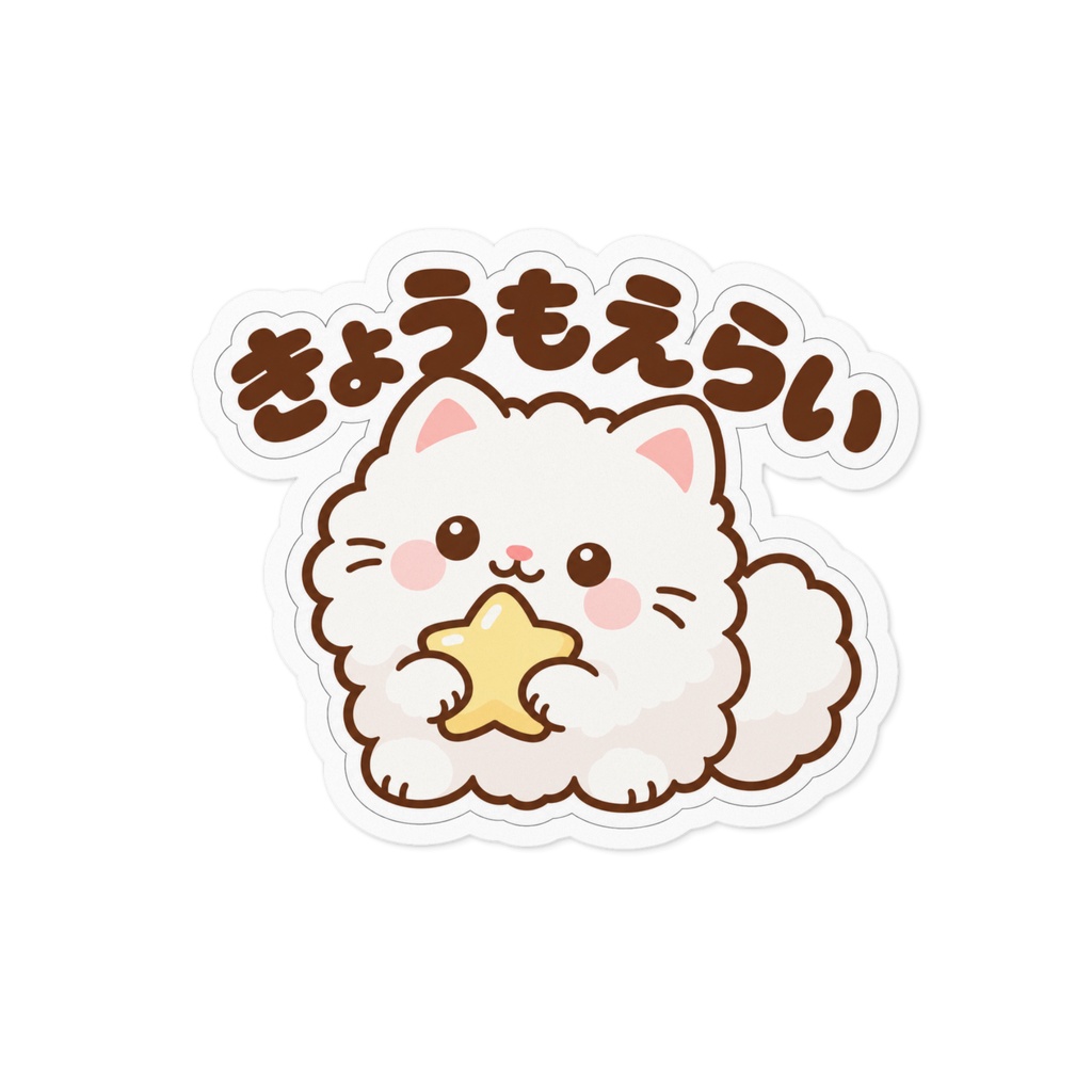 きょうもえらい|ふわふわ白ねこステッカー
