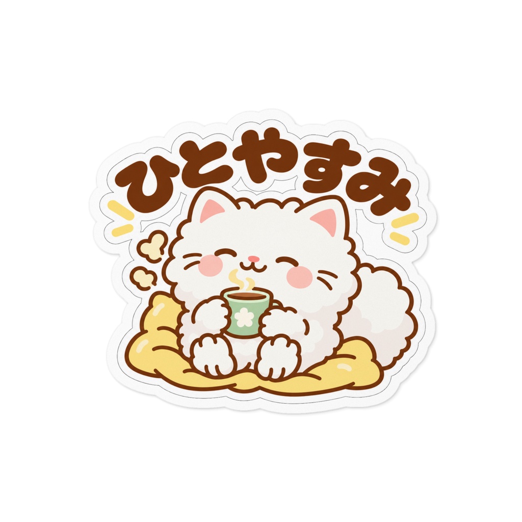 ひとやすみ｜ふわふわ白ねこステッカー