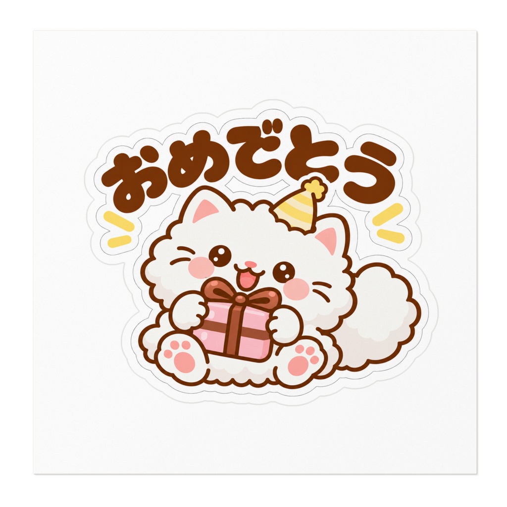 おめでとう|プレゼントを届ける白ねこステッカー
