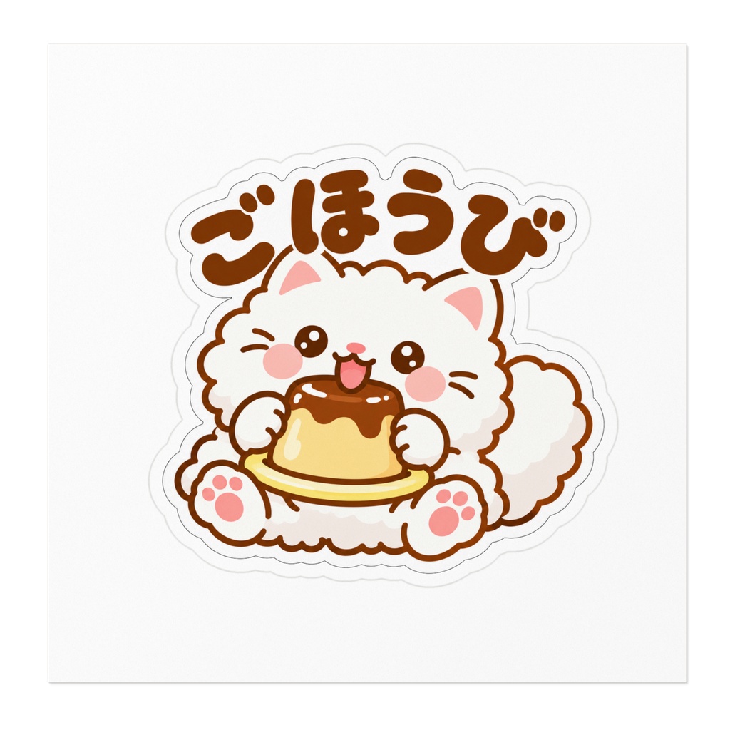 ごほうび|プリンを抱っこする白ねこステッカー