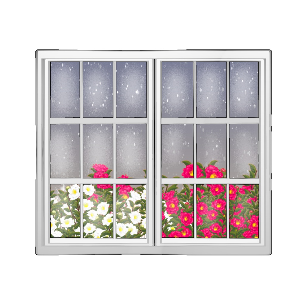 窓に映る山茶花