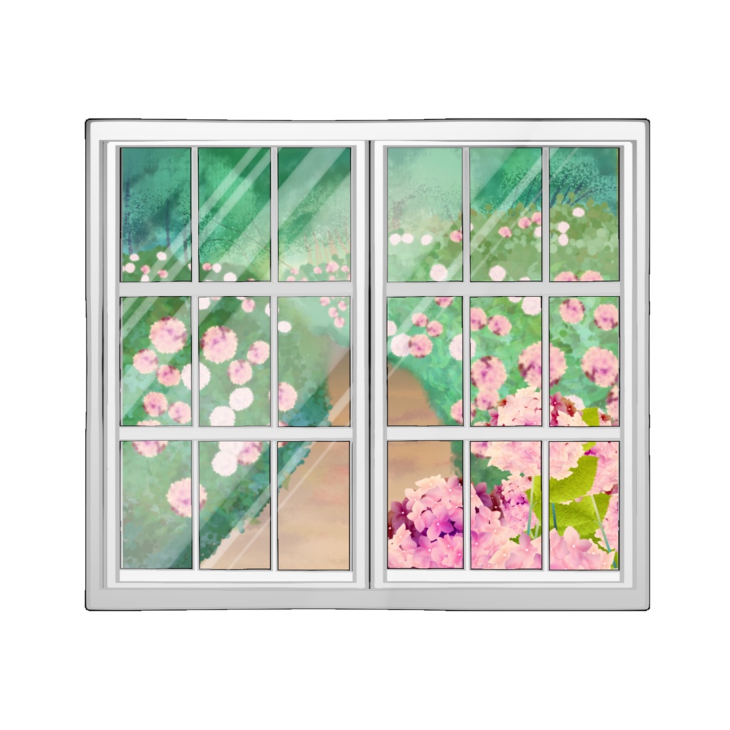 窓に映る紫陽花