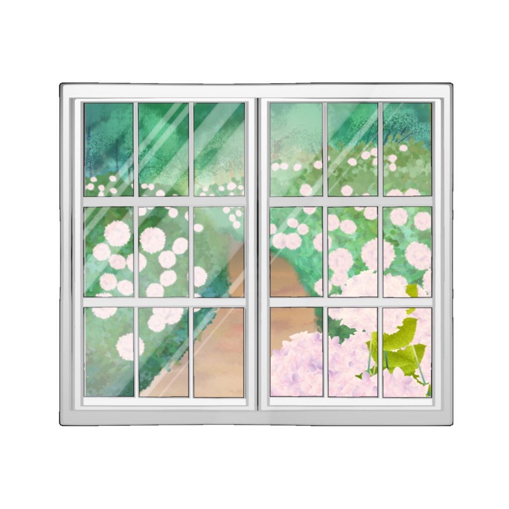 窓に映る紫陽花