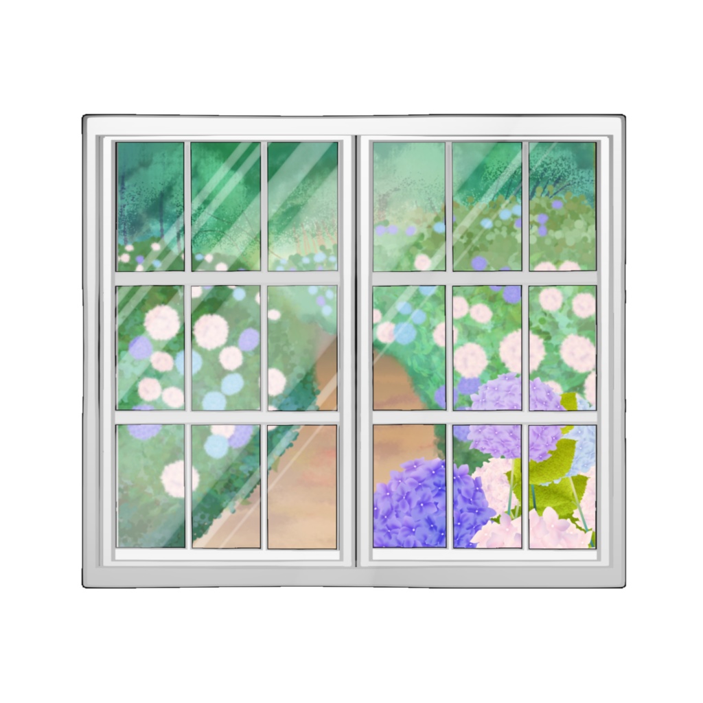 窓に映る紫陽花