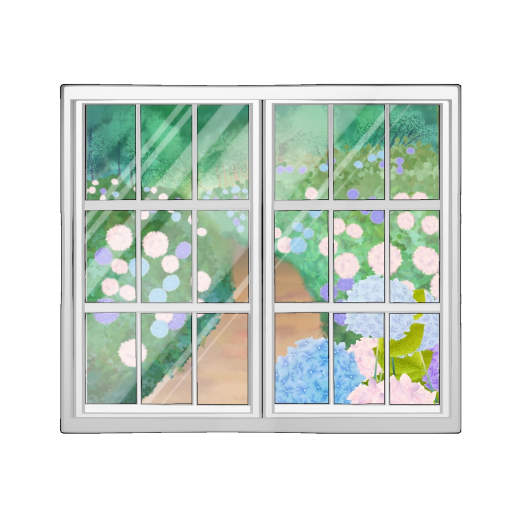 窓に映る紫陽花