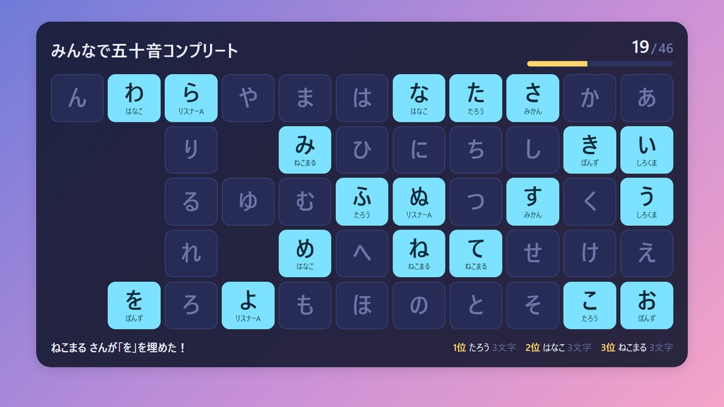 【わんコメ連携・無料版あり】みんなで五十音コンプリート|コメントで五十音表を埋める参加型OBSテンプレート