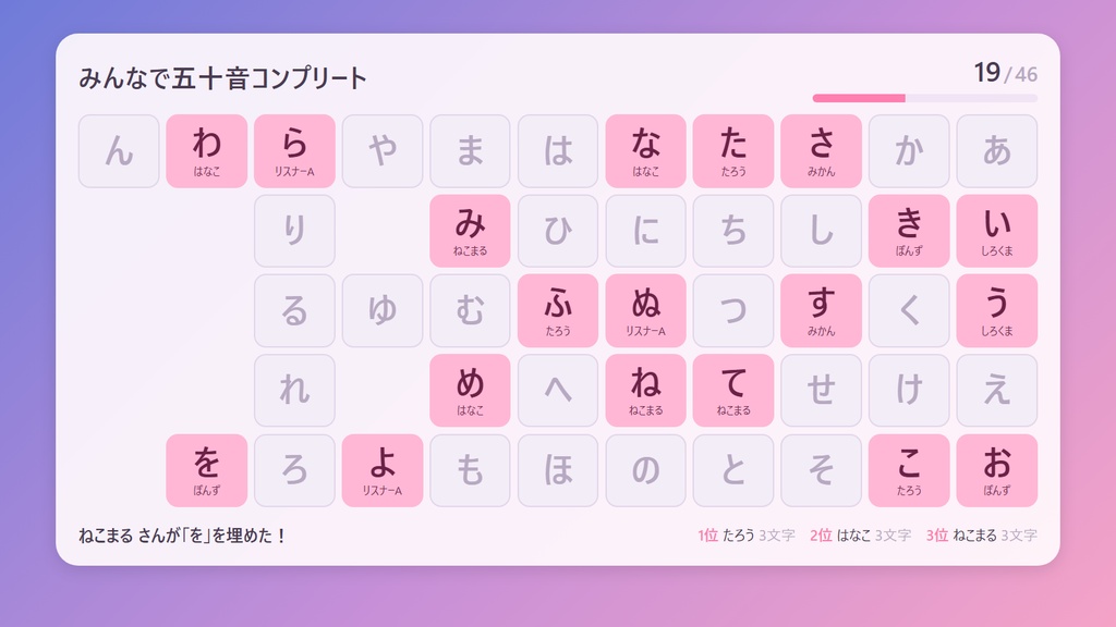 【わんコメ連携・無料版あり】みんなで五十音コンプリート｜コメントで五十音表を埋める参加型OBSテンプレート