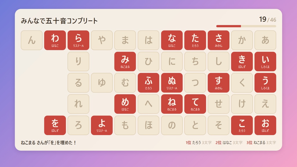 【わんコメ連携・無料版あり】みんなで五十音コンプリート|コメントで五十音表を埋める参加型OBSテンプレート