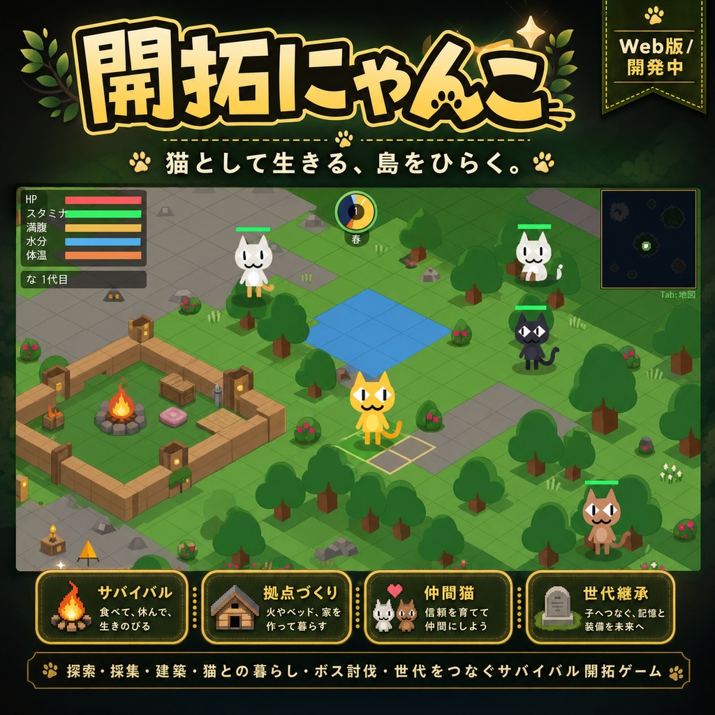 開拓にゃんこ Web版 - 猫として生きるサバイバル開拓ゲーム
