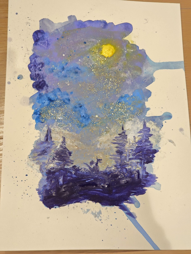 夜空の森とドラゴン 水彩