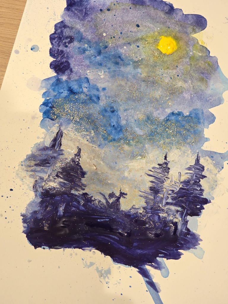 夜空の森とドラゴン 水彩