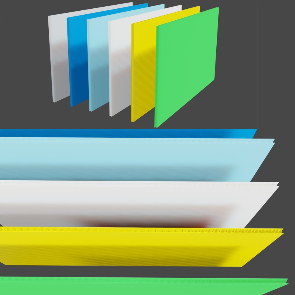 【3D素材】中芯ありのプラダン5色セット/Coroplast・Plastic Flute Board 5-Color Set(.blend形式 / 漫画背景用想定)