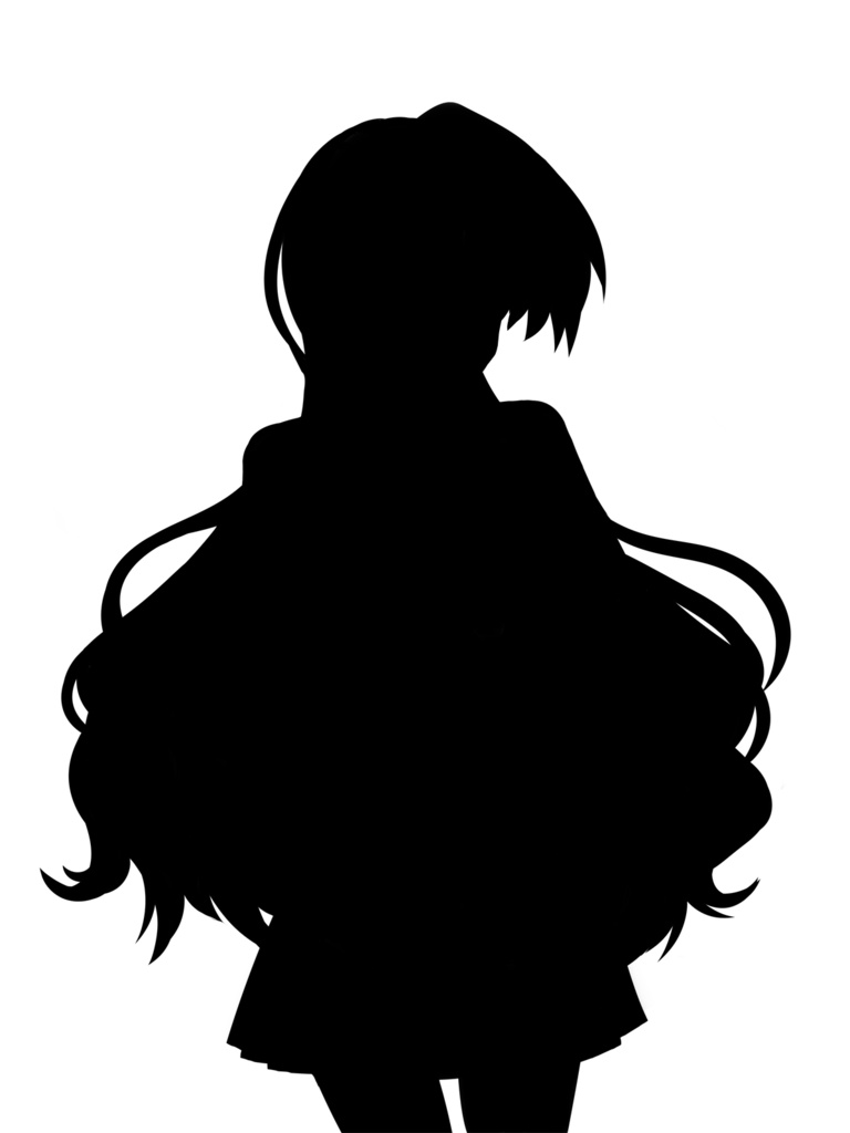 女の子の黒塗りシルエット立ち絵(ツインテール、ポニーテール、ロングヘア)