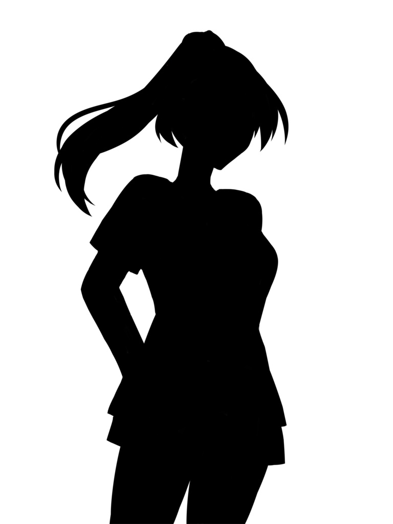 女の子の黒塗りシルエット立ち絵(ツインテール、ポニーテール、ロングヘア)