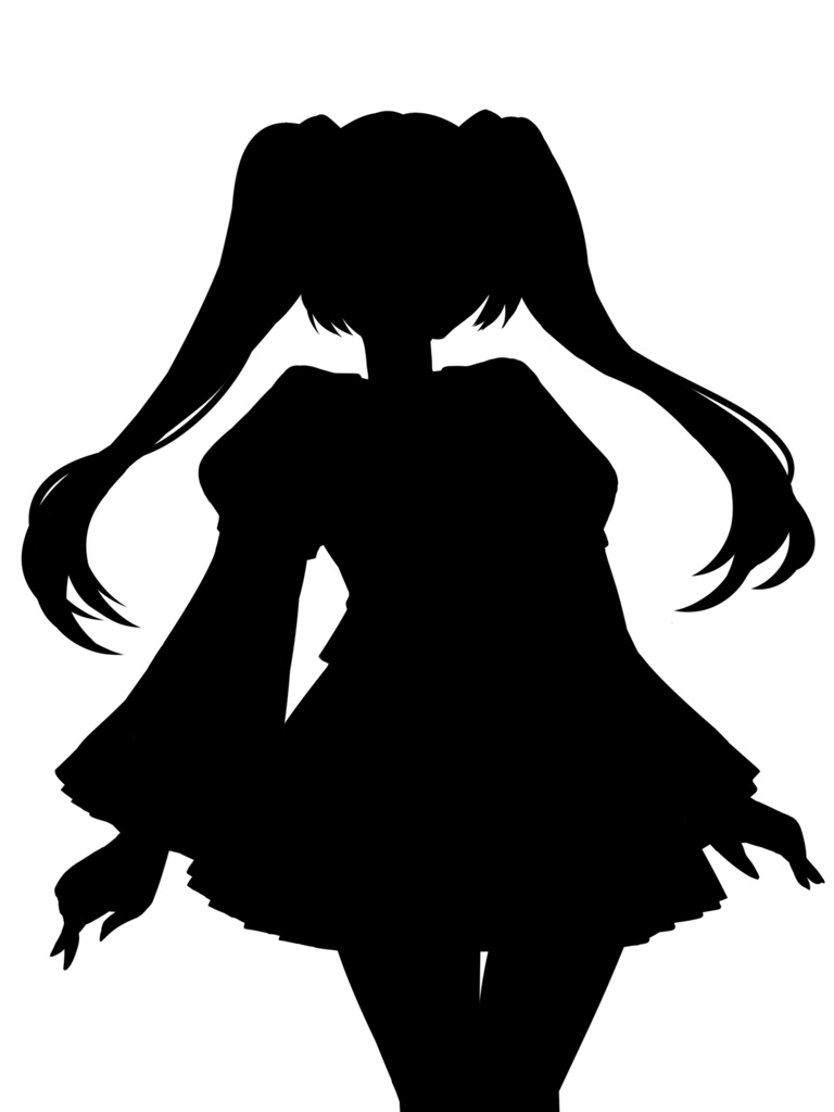 女の子の黒塗りシルエット立ち絵（ツインテール、ポニーテール、ロングヘア）