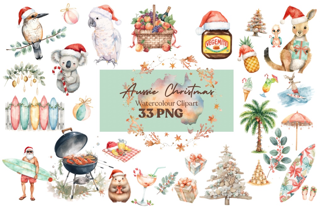 水彩クリップアートセット南半球の可愛いクリスマス素材集（33点）デジタルダウンロード
