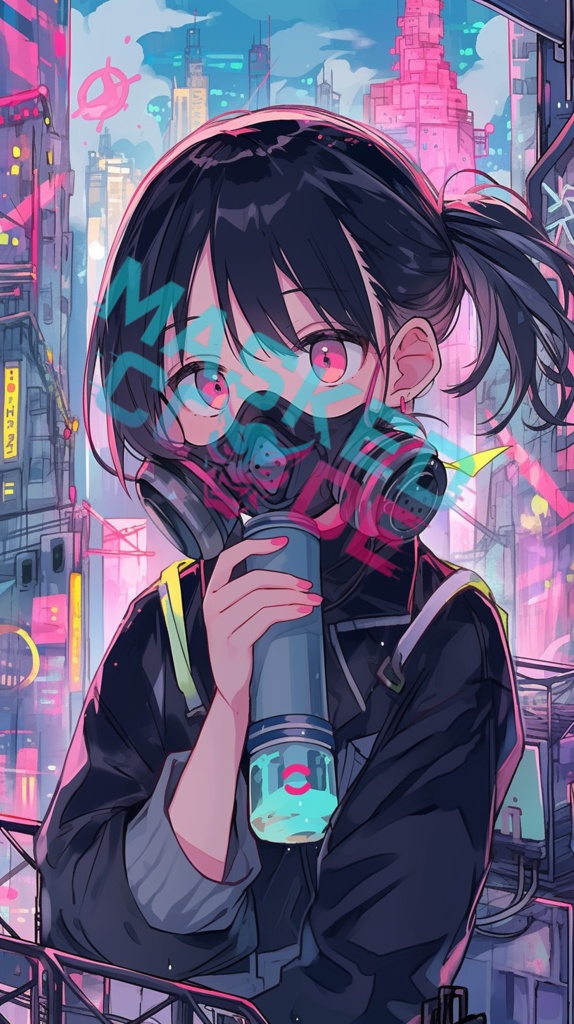 Masked Code - Vol.01｜ネオン街のマスク少女【AIアート壁紙DL】