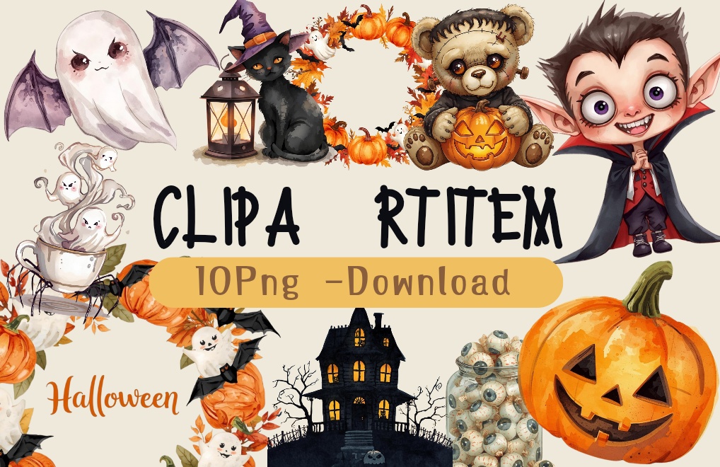ハロウィンクリップアートセット ①― キモかわコレクション10点 PNG背景透過