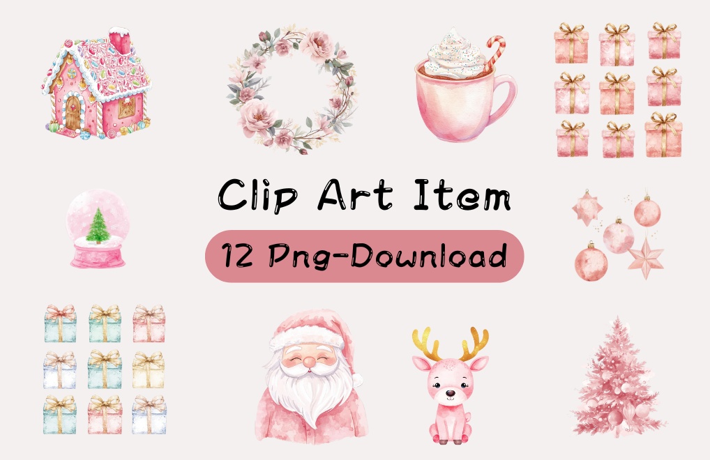 Pink Christmas Watercolor Clipart（ピンククリスマス・水彩クリップアート）10セットPNG