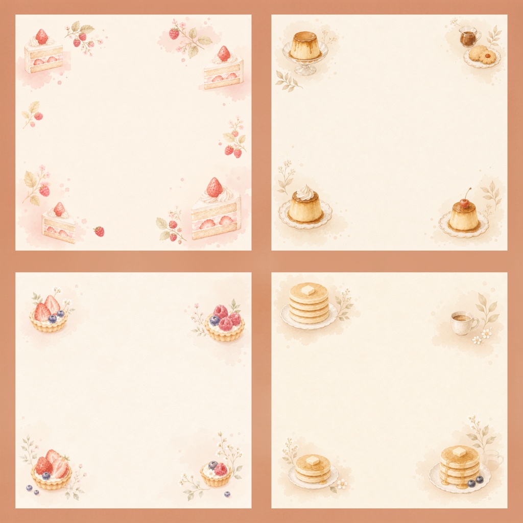 秋の大人かわいいカフェ＆スイーツデジタルペーパー4枚セット｜Café & Sweets｜背景｜くすみカラー・水彩