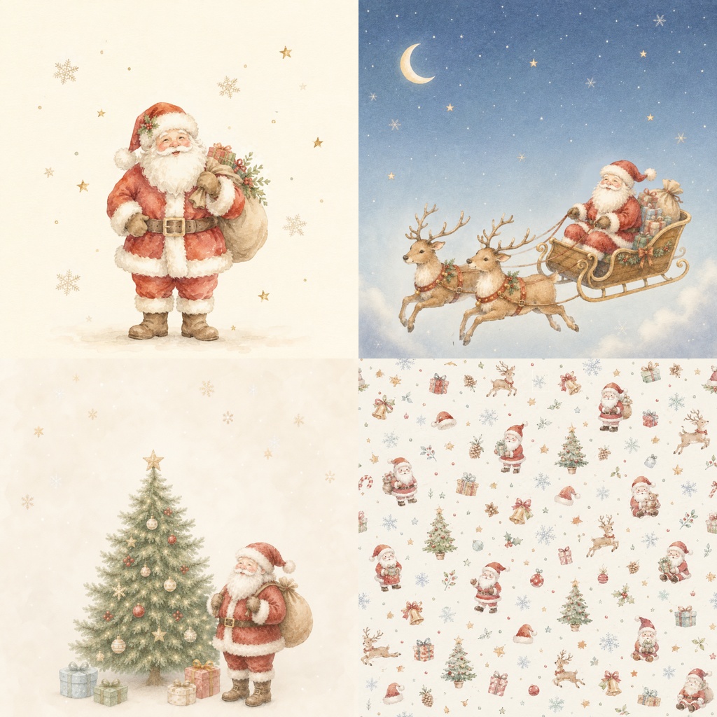淡色クリスマス｜大人かわいいサンタのデジタルペーパー4枚セット｜クリスマスツリー｜サンタクロース