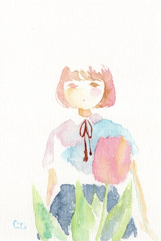 water color girl 105 / 水彩画の原画 / 額入り / ポストカードサイズ