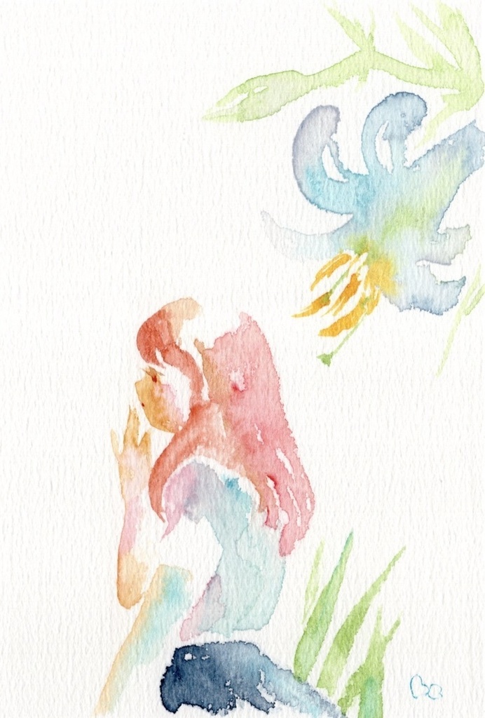 water color girl 110 / 水彩画の原画 / 額入り / ポストカードサイズ