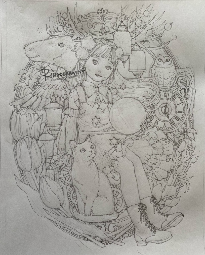 「ツキヨミの天使」直筆鉛筆ラフ・色鉛筆カラーラフ　名刺セット付き