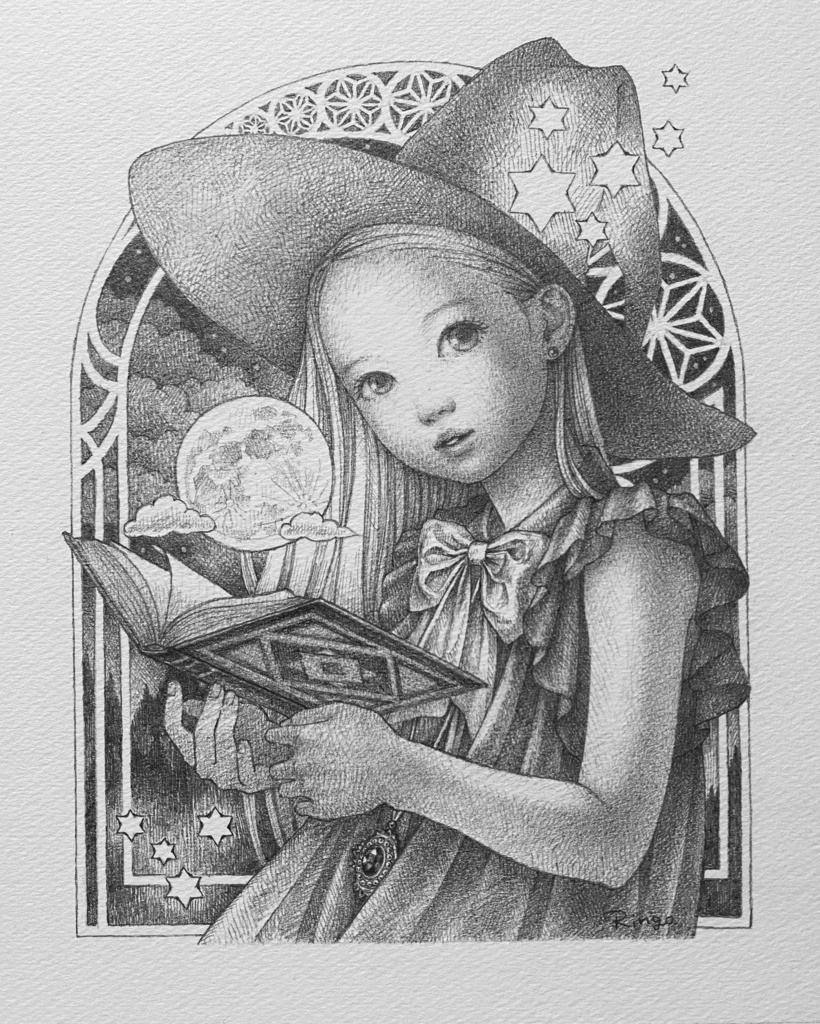 鉛筆画インチサイズ額付き「月読みの魔法」