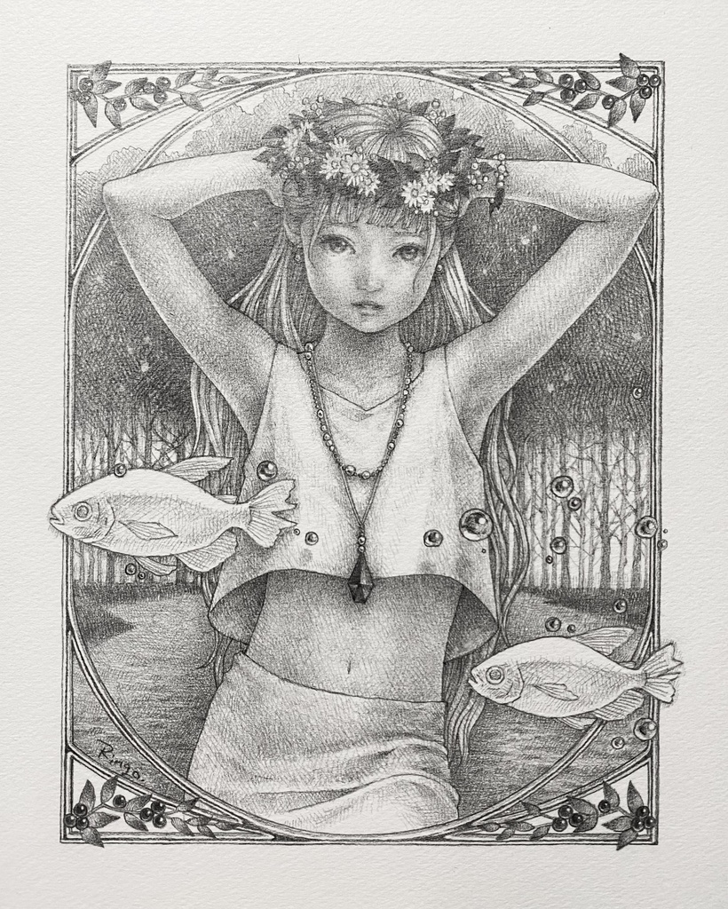 鉛筆画インチサイズ額付き「Norn - The Well -」