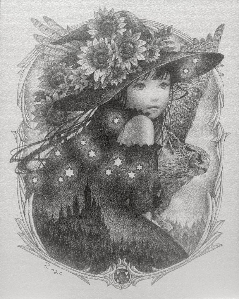 鉛筆画インチサイズ額付き「夏の夜の魔法」