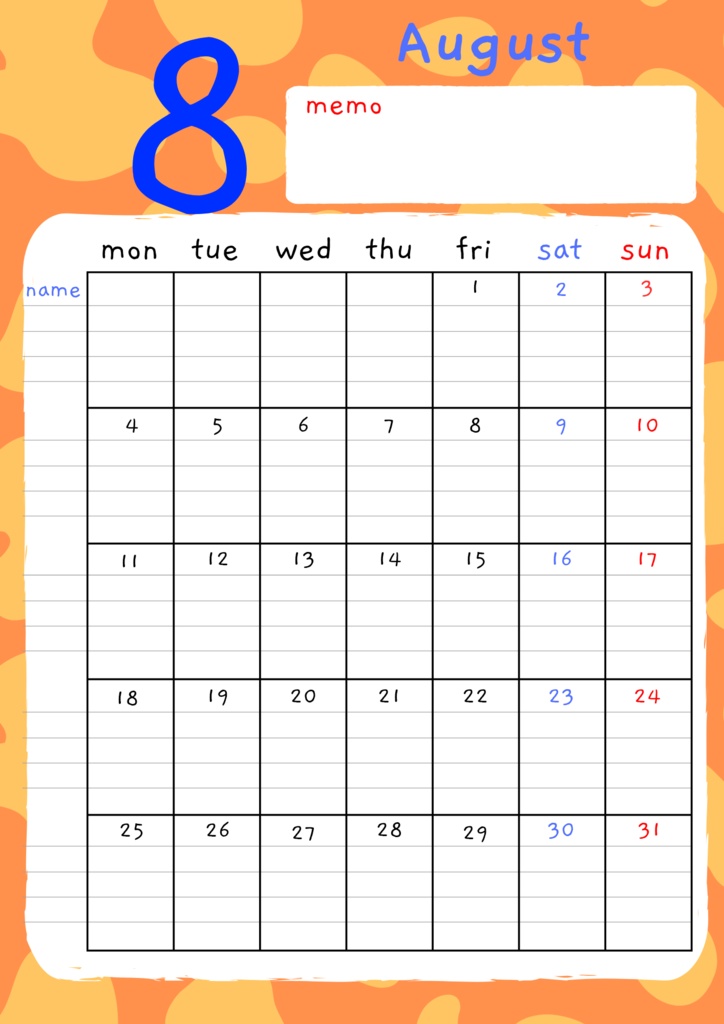 無料ダウンロード！ファミリーsmaileカレンダー8月用🌈見やすいA3サイズ(書き込みタイプ・無料DL)