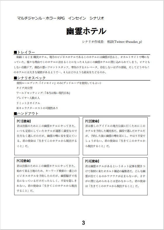 マルチジャンルホラー・RPGインセイン シナリオ「幽霊ホテル」