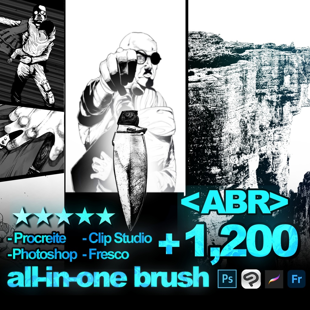 1,200以上のプロスタンプブラシ – All-in-One Brush ABRエディション (アーティスト&イラストレーター向け)