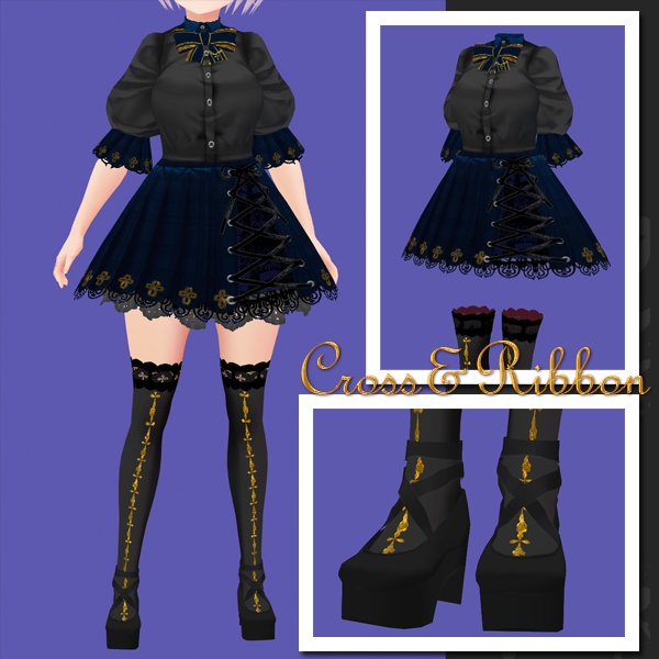 #VRoid 正式版（stable ver.）&Beta：ゴスロリ風レースアップ十字架ワンピースセット紺色/GothicLolita Lace-up Cross One Piece Set（NavyBlue）