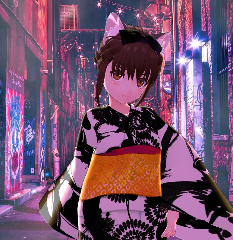 #VRoid正式版(stable ver.)&Beta:大人めシックな浴衣&草履セット(黒、赤)/Japanese summer wear Yukata&zouri(shoes) traditional brush pattern