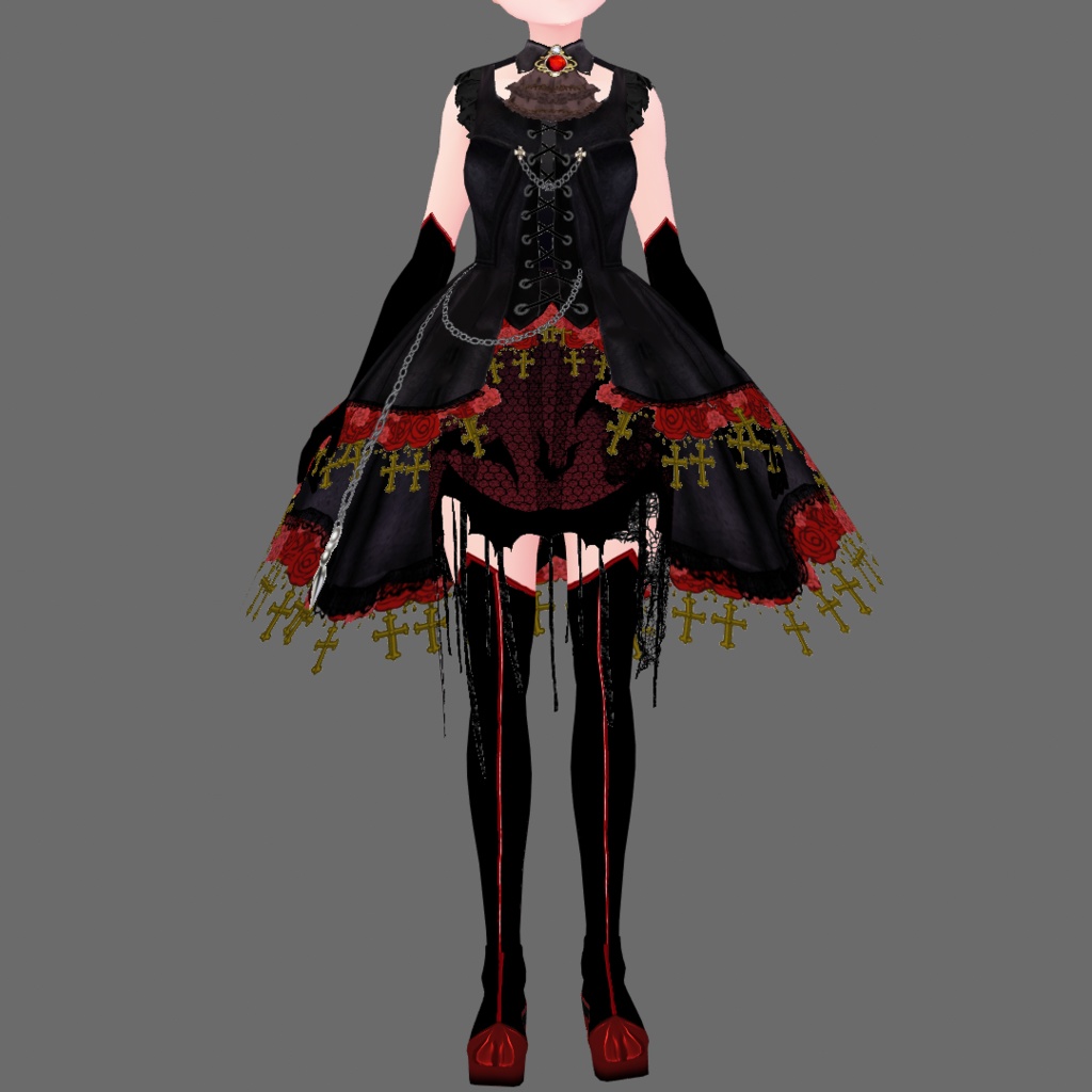 #VRoid 正式版(V1,stable ver.)&Beta :ゴシック薔薇十字の蝙蝠魔女ドレスセット/Gothic Rose,Cross and bat witch onpiece-dress:#セシル変身